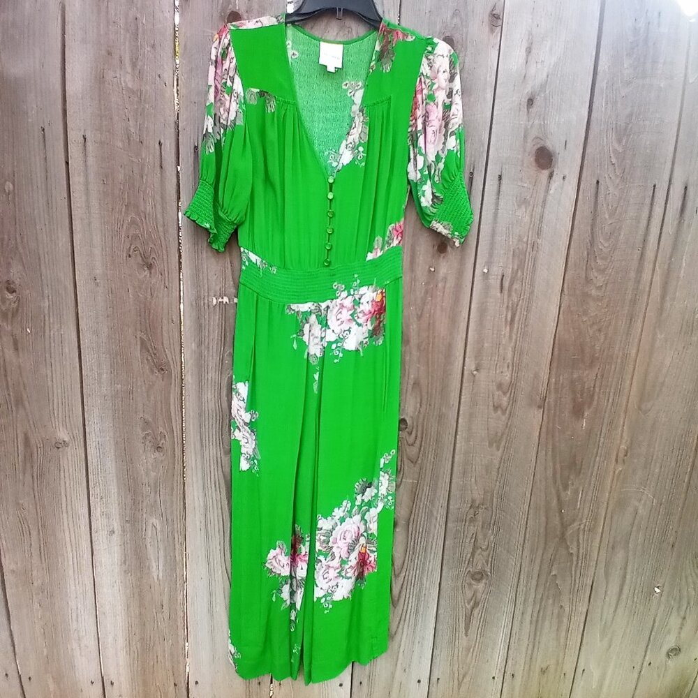 TRACY REESE LONGWOOD FLORAL JUMPSUIT SZ 4 GREEN WIDE LEG V NECK BUTTON FRONT
